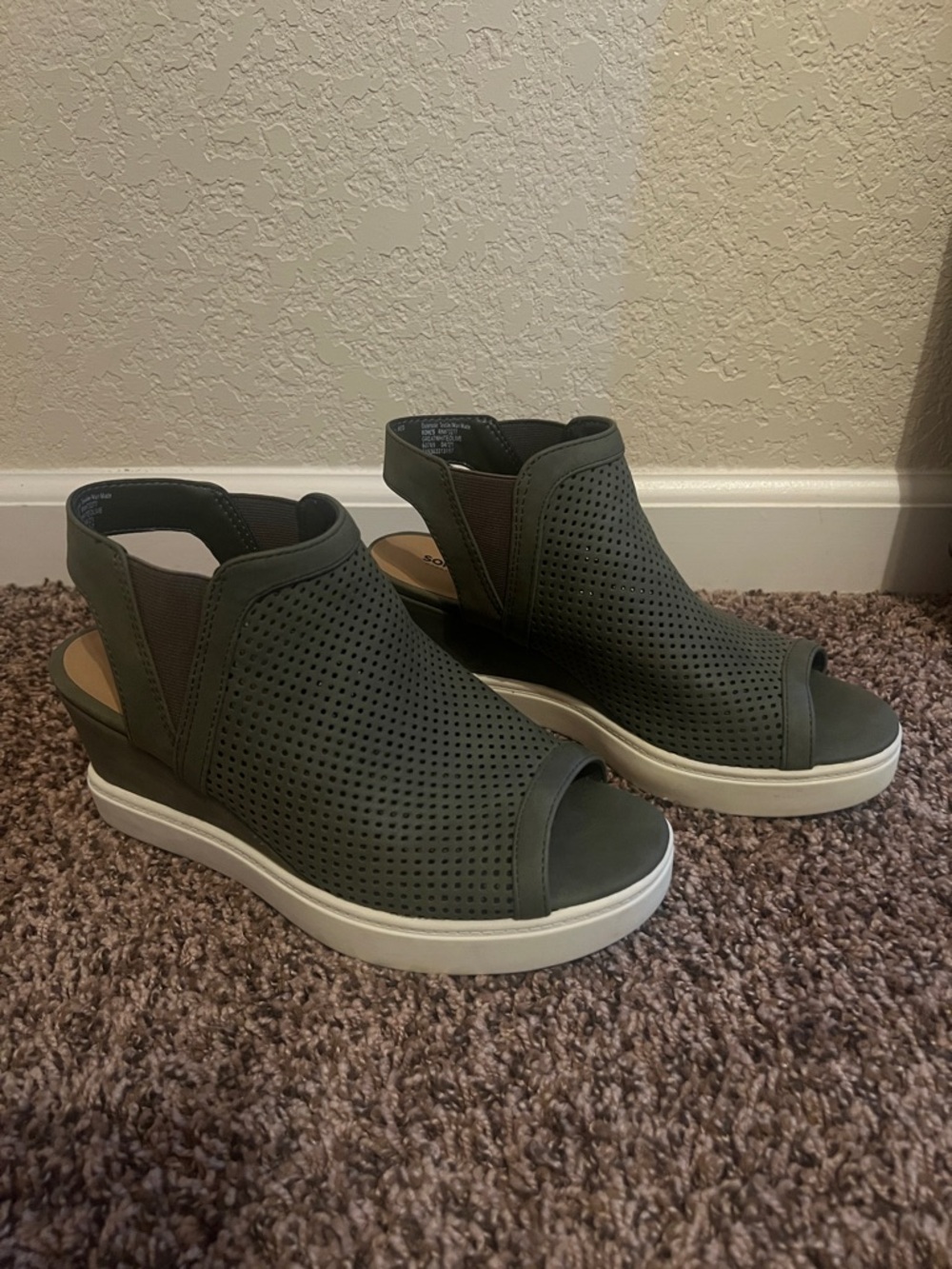 Perforated Olive Wedge Peep-Toe Sandal